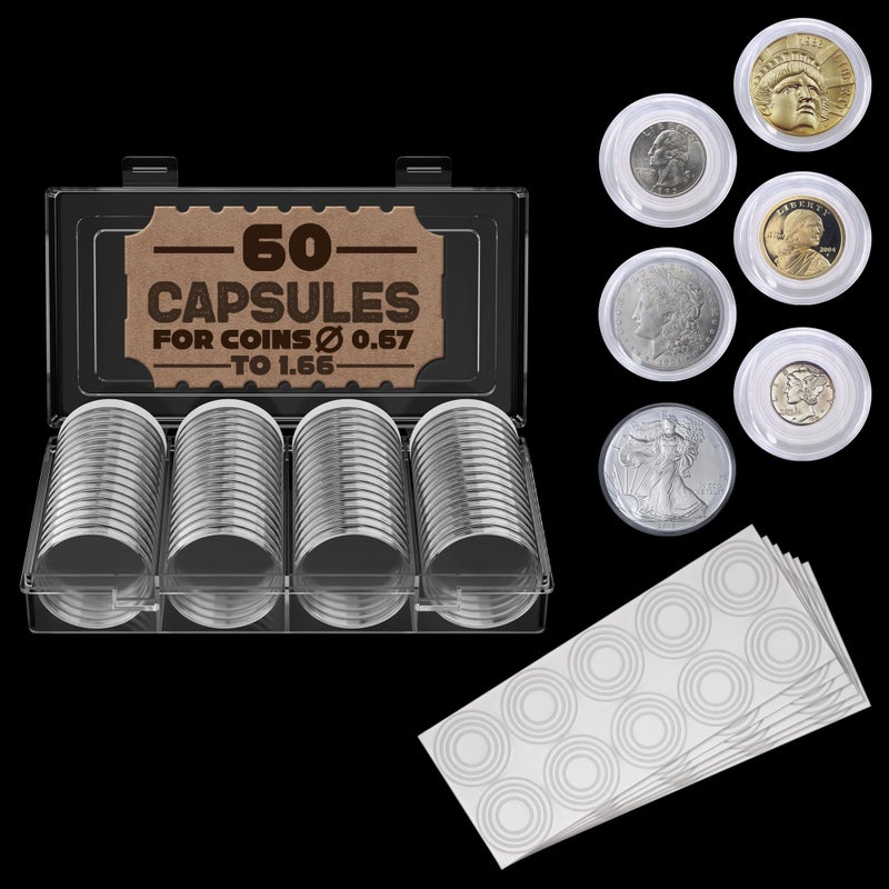 Evrblock 60 Pcs Silver Dollar Coin Holder Case Set - 40.6mm Durable Plastic Coin Holders for Collectors with Adjustable Sponge Gasket - Easy Opening and Tight Closure, Convenient Box Storage and Transportation - Image 1